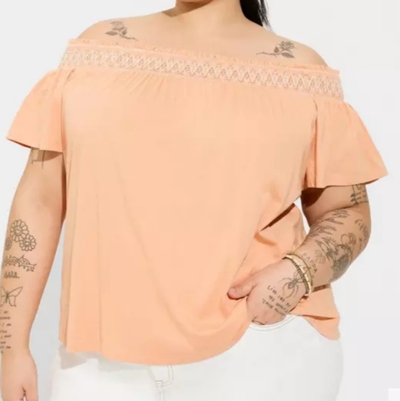 torrid Tops - Torrid Cotton Modal Jersey Off Shoulder Smocked Yoke Top Peach Bloom BNW…